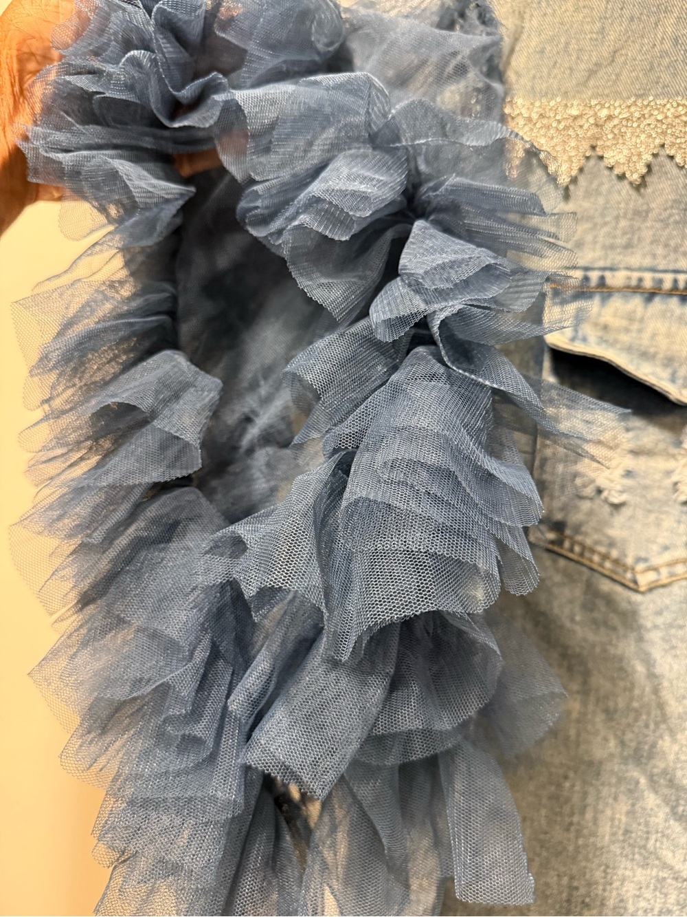 Gritty Soul Denim Shirt with Navy Tulle Ruffle Sleeves - Picture 7 of 8
